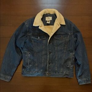 L.L. Bean Men's Dark Blue Denim Jacket with Cream Sherpa Collar